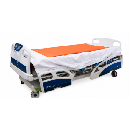 Tubular Slide Sheet shown positioned on a hospital bed with packaged product and close-up detail, demonstrating a low-friction patient transfer aid for safe repositioning and lateral transfers in hospitals, nursing homes and community care.