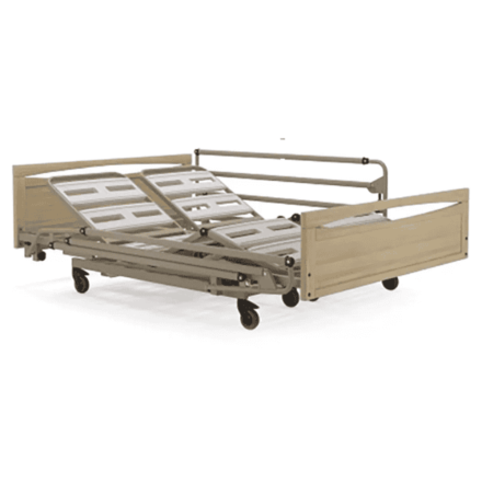 E3002 Harmonie double profiling bed with two independently controlled sleeping surfaces, cherry head and footboards and beige epoxy-coated frame