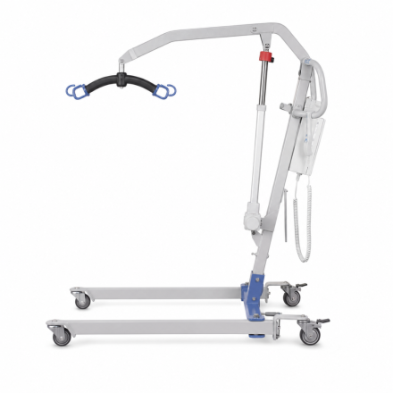 Meditec Advantage Folding Hoist in a fully unfolded side profile with base legs, actuator and casters visible.