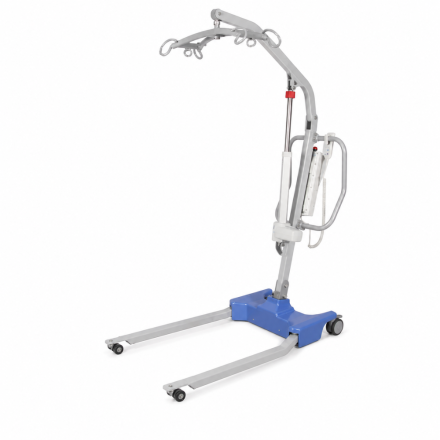 Ultra Low Base Mobile Hoist shown at a three-quarter angle with blue base, lifting mast and spreader bar.