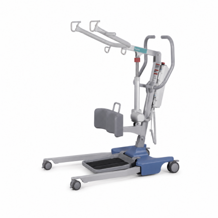 Meditec Advantage Sit to Stand Hoist isolated on white, showing its blue base, knee pad and lifting arms.