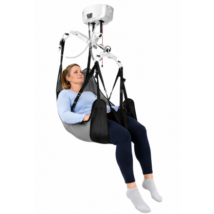 Meditec Bariatric In-Situ Hammock Sling – HC supporting a patient in a ceiling hoist, front three-quarter view.