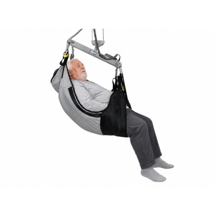 Meditec Bariatric Deluxe Sling – HC supporting a bariatric patient in a ceiling hoist, side profile view.