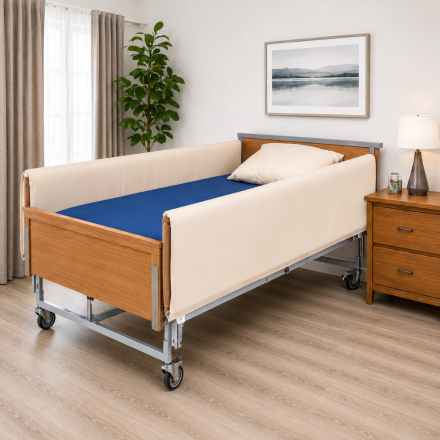 Meditec Medical Cotside Bumpers HC installed on a profiling hospital bed in a modern care home bedroom.