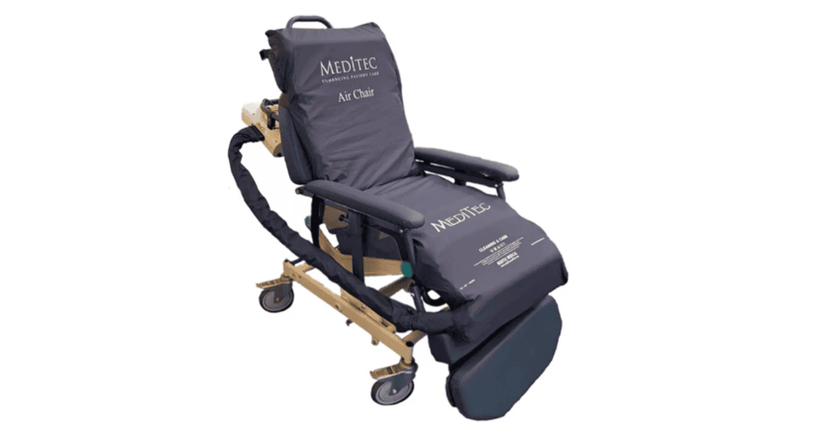 Meditec Alternating Air Chair Overlay HC installed on a healthcare recliner chair providing alternating pressure relief from head to heel.