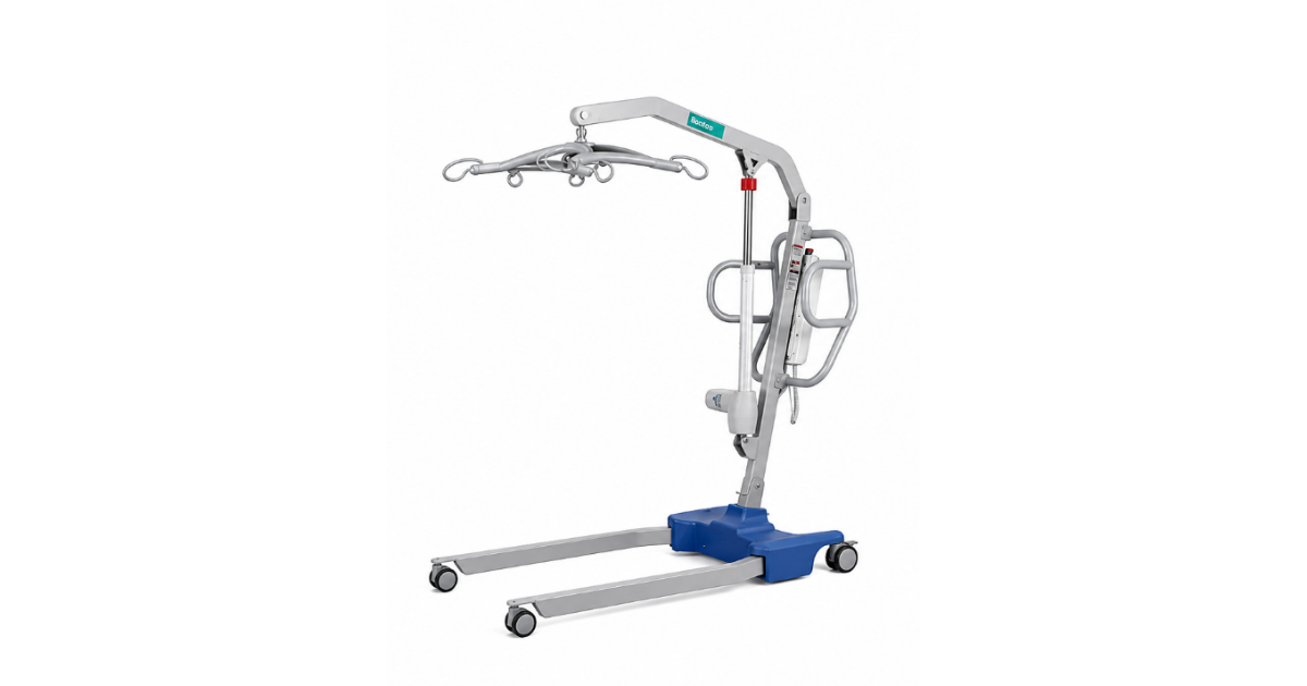 L511X-L electric patient hoist shown from the left front angle with lifting arm, spreader bar and wheeled base.