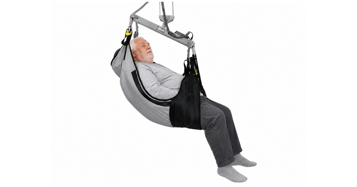 Meditec Bariatric Deluxe Sling – HC supporting a bariatric patient in a ceiling hoist, side profile view.