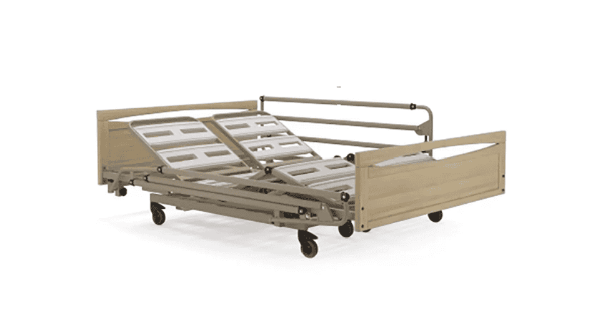 Dual sleeping surface bed shown from a front left angle with the backrest and knee-break sections raised, featuring full-length side rails, wooden head and foot boards, and a four-section adjustable mattress platform.