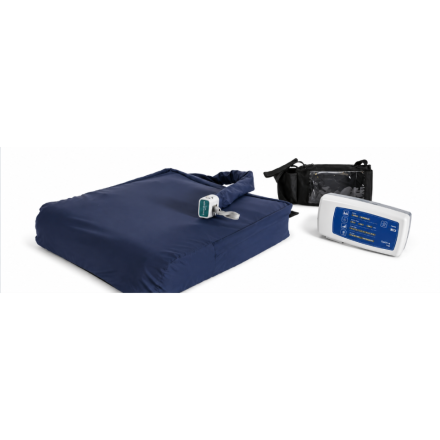 Portable Alternating Air Cushion system including pressure-relieving air cushion, digital pump controller, carry bag and power cable for pressure ulcer prevention and seated patient comfort.