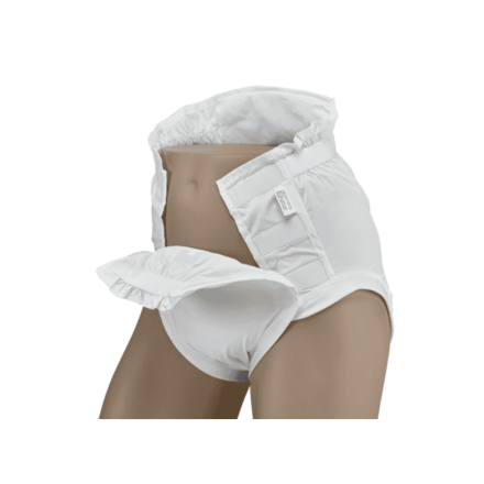 Parafricta front-opening adaptive brief shown open in a three-quarter front view with low-friction fabric.